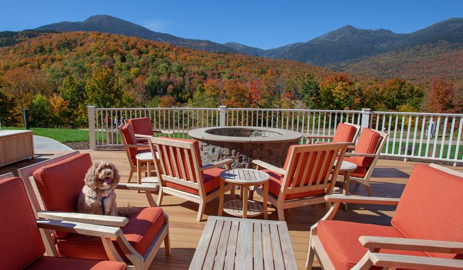 Exterior Deck with Fire Pit and Fall Foliage on The White Mountains