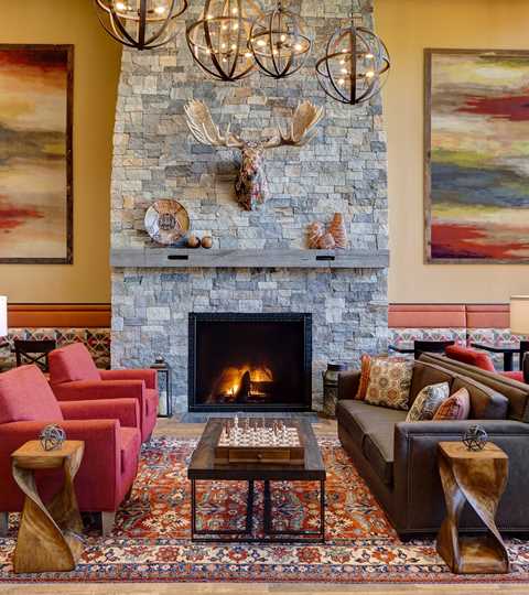 Oversized fireplace in the lobby of The Glen House