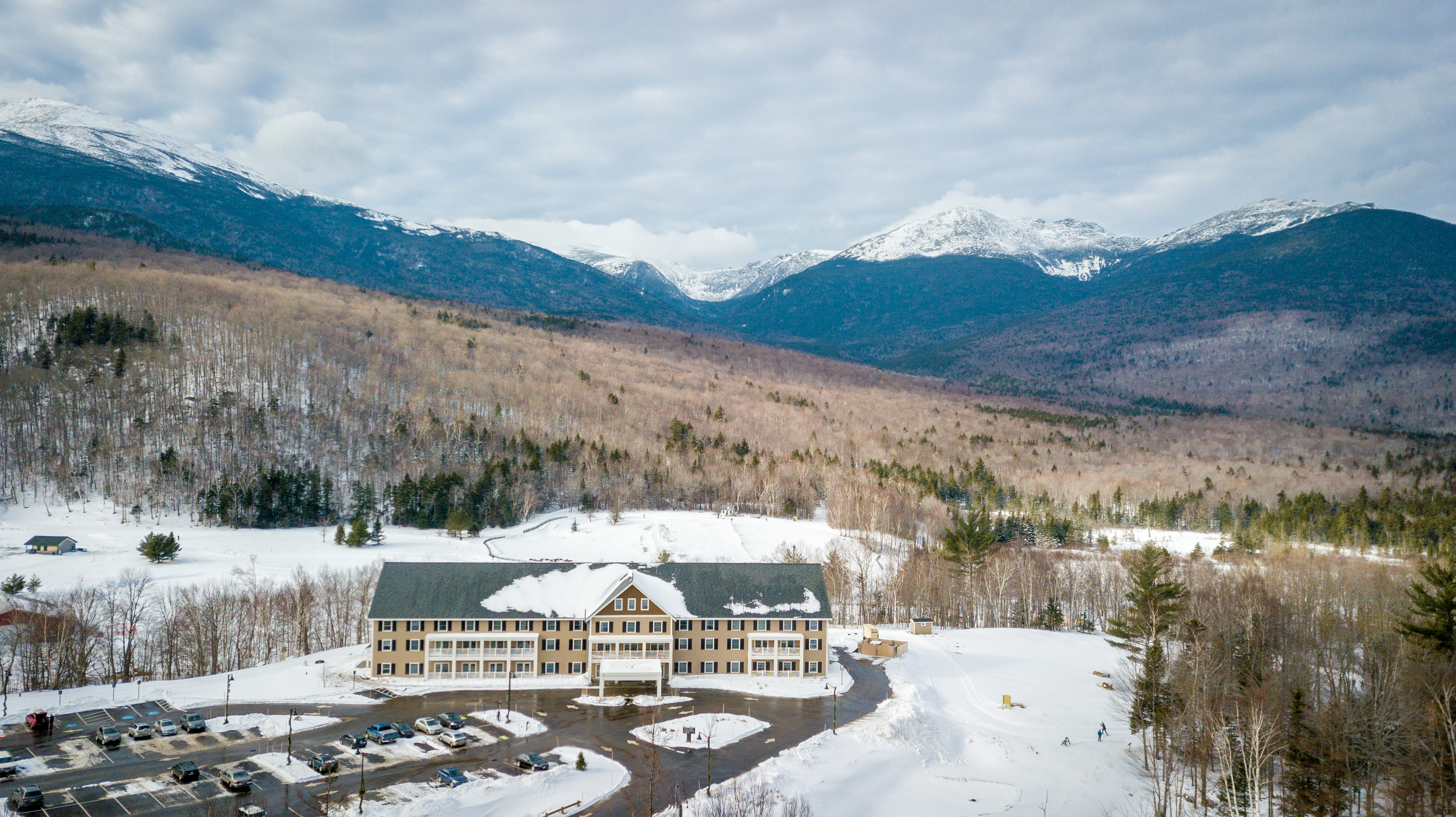Drone View of Exterior of The Glen House in Winter