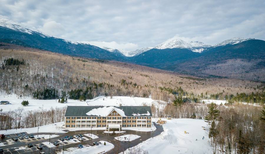 Drone View of Exterior of The Glen House in Winter