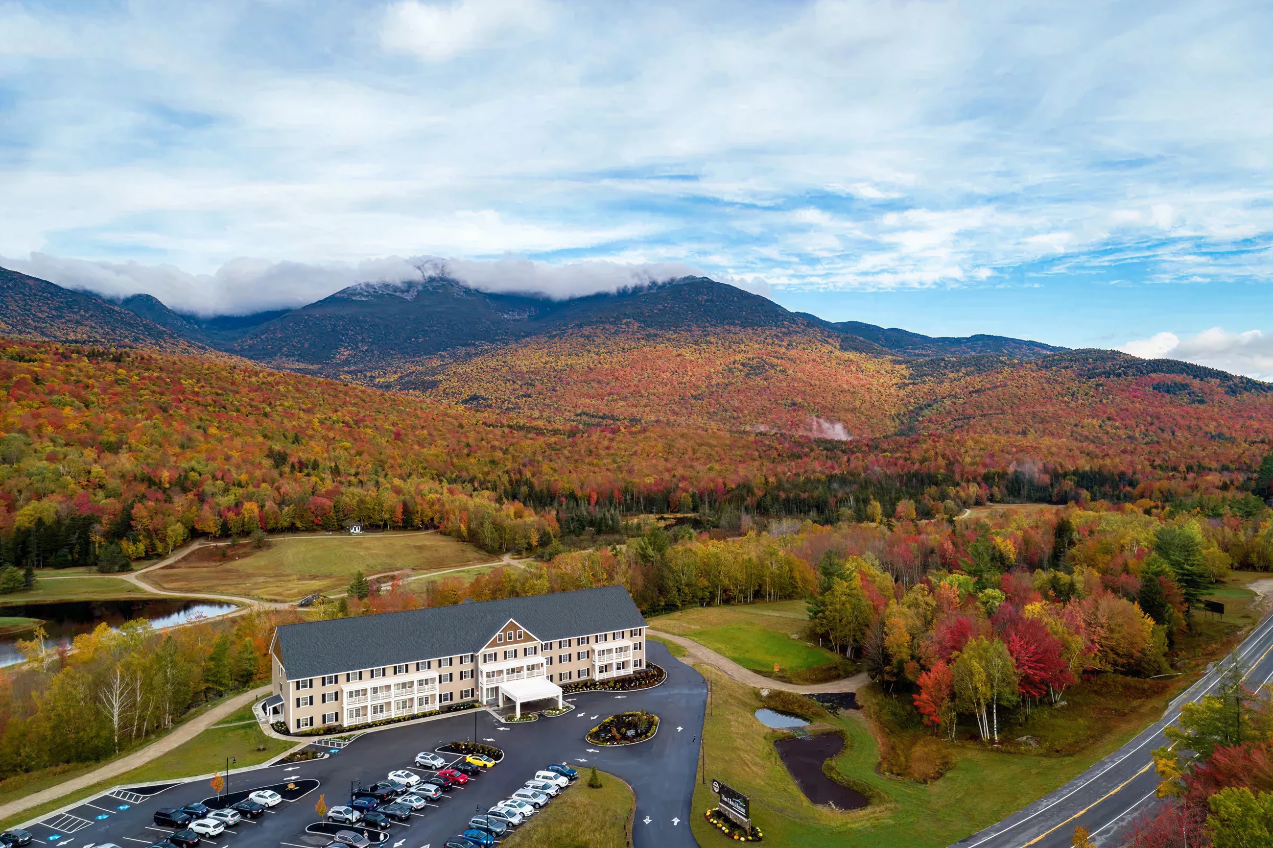 Aerial view of The Glen House during the fall