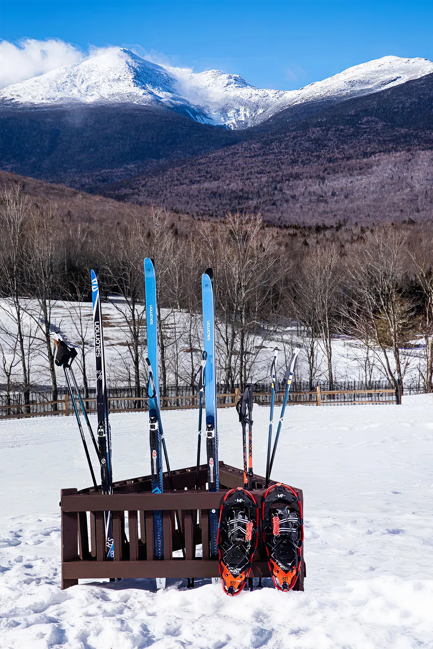 View of the mountain with skis and snowshoes in front